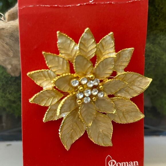 NWT Roman gold enamel poinsettia Christmas pin brooch - Picture 2 of 3